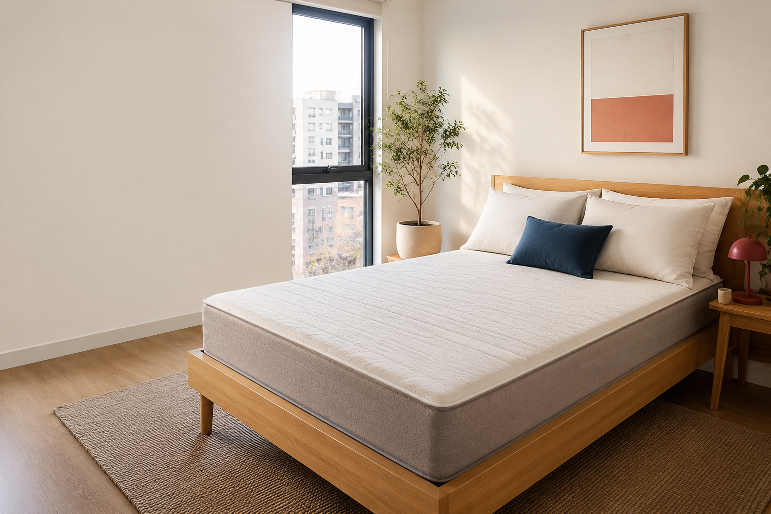 Dormitorio luminoso con una cama neutra y sin marcas